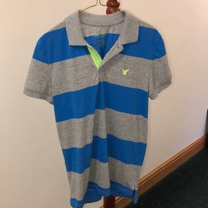 American Eagle Gray and Blue Striped Polo